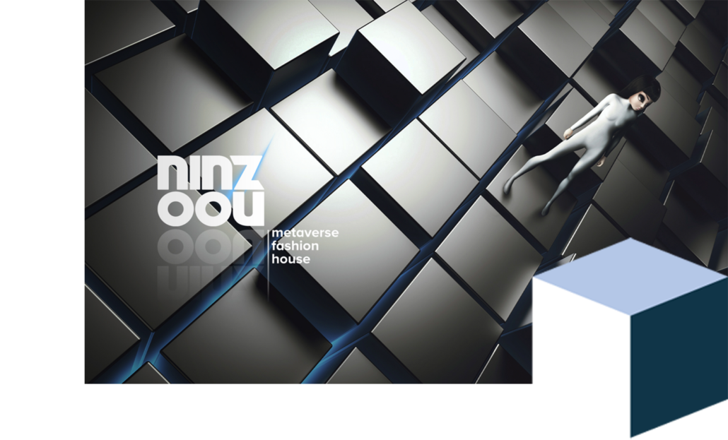 This image promotes Ninzoou, described as a "metaverse fashion house". It features a striking visual of metallic cubic structures forming a grid-like pattern. A small, white humanoid figure appears to be walking on this structure. The Ninzoou logo is prominently displayed. A geometric cube shape is visible in the bottom right corner. Clicking this image would presumably direct users to Ninzoou’s website or platform, where they can explore metaverse fashion offerings